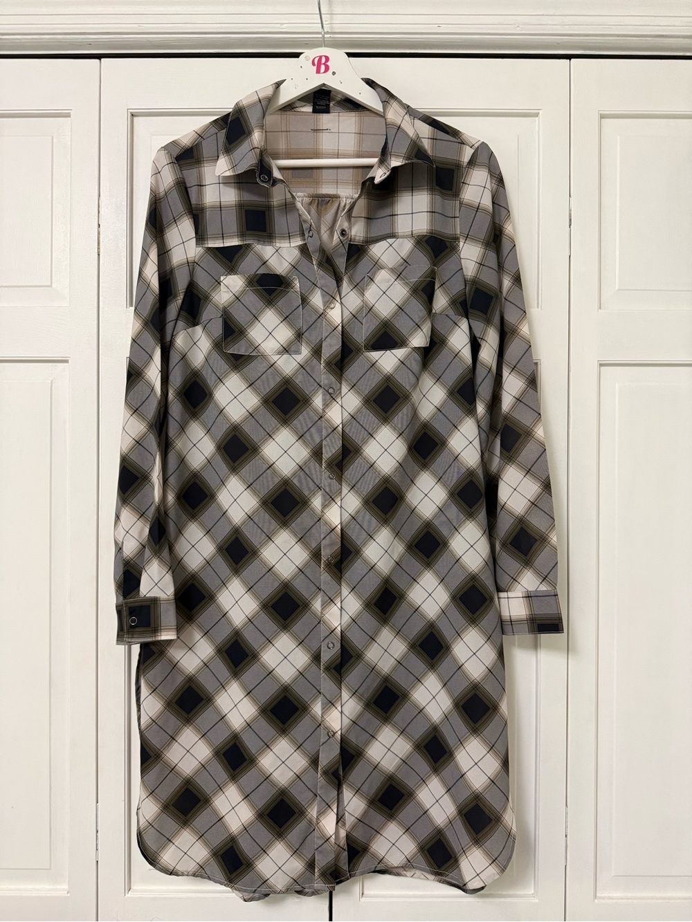 Prana Neutral Diamond Plaid Shirt Dress Tunic Full Snap Button Front Small